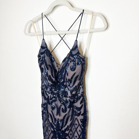 LULUS NWOT Ruby Navy Blue Sequin Lace-Up Maxi Ball Gown Slit Open Back Dress XS - Picture 4 of 11